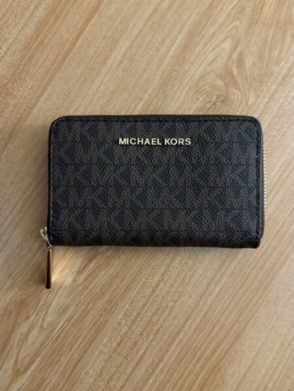 Michael Kors MK Logo Zip-Around Wallet and Credit Card Holder- Brown/Gold